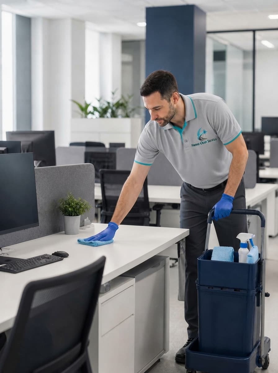 Professionelle Reinigung eines modernen gewerblichen Arbeitsplatzes