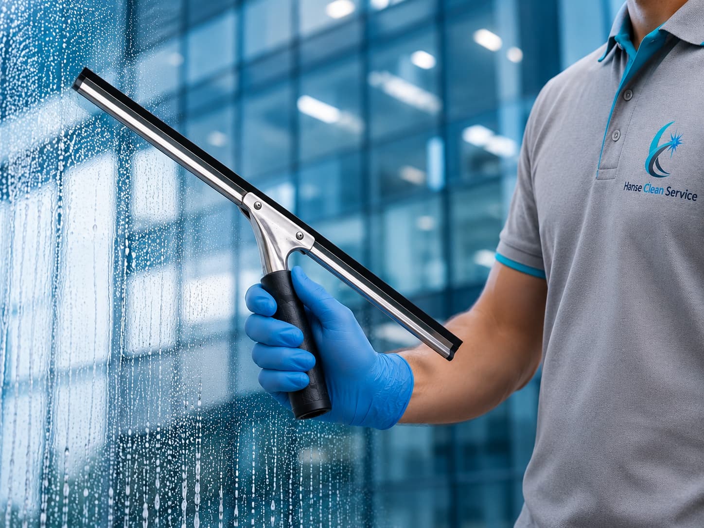Professionelle Glasreinigung mit blauem Handschuh und Abzieher auf nasser Glasfläche