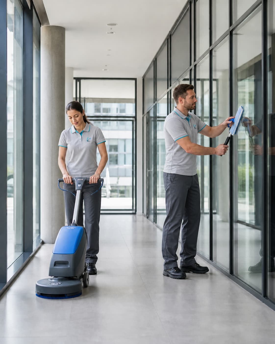 Reinigungsteam bei der Pflege eines modernen gewerblichen Innenraums