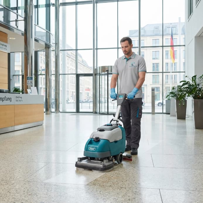 Mitarbeiter von Hanse Clean Service bei der professionellen Bodenreinigung in einem Geschäftsgebäude